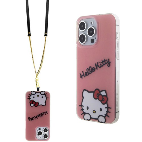 Hello Kitty для iPhone 14 Pro Max чехол Crossbody PC/TPU Dreaming Kitty + PU Strass strap Hard Pink