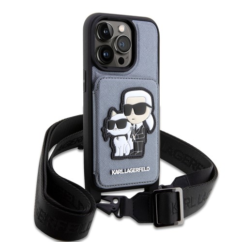 Karl Lagerfeld для iPhone 15 Pro Max чехол Crossbody cardslot PU Saffiano NFT Karl&Choupette Hard Silver