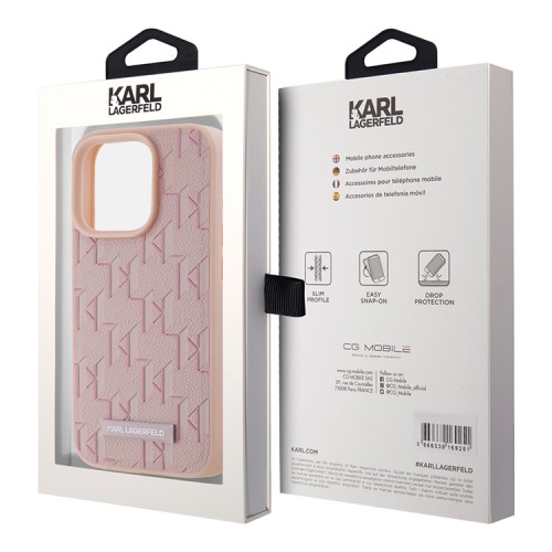Karl Lagerfeld для iPhone 15 Pro чехол PU Monogram & Metal Camera frame Hard Pink (MagSafe)