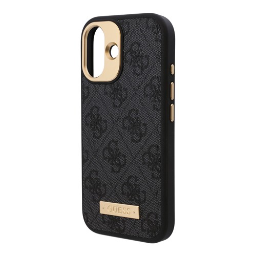 Guess для iPhone 16 чехол PU кожа 4G Plate metal logo Black (MagSafe)