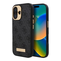 Guess для iPhone 16 чехол PU кожа 4G Plate metal logo Black (MagSafe)