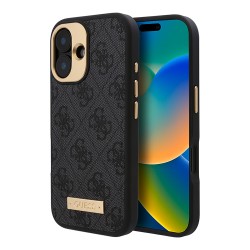 Guess для iPhone 16 чехол PU кожа 4G Plate metal logo Black (MagSafe)