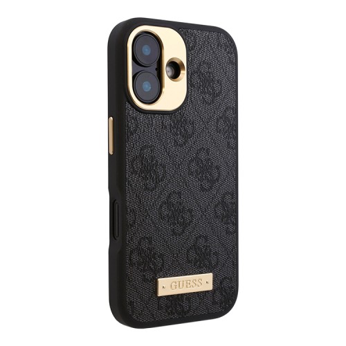 Guess для iPhone 16 чехол PU кожа 4G Plate metal logo Black (MagSafe)