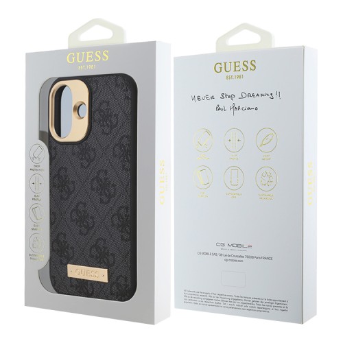 Guess для iPhone 16 чехол PU кожа 4G Plate metal logo Black (MagSafe)