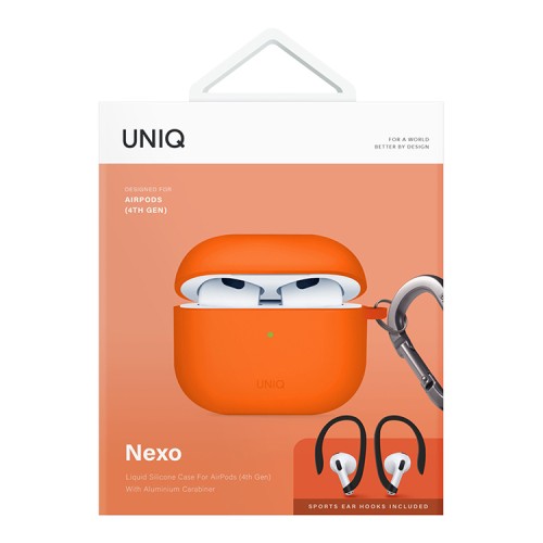 Uniq для Airpods 4 чехол NEXO Liquid silicone +carabin +Sports ear hooks Volt Orange