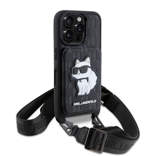 Karl Lagerfeld для iPhone 16 Pro чехол Crossbody cardslot PU Saffiano Monogram NFT Choupette Hard Black