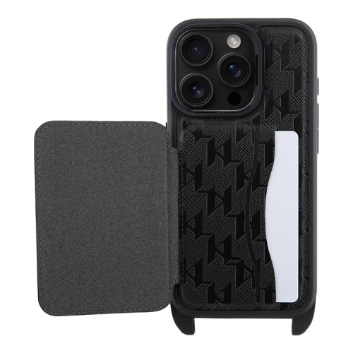 Karl Lagerfeld для iPhone 16 Pro чехол Crossbody cardslot PU Saffiano Monogram NFT Choupette Hard Black