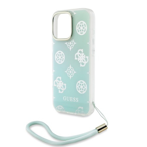Guess для iPhone 16 Pro Max чехол PC/TPU Peony glitter + Nylon Hand cord Hard Iridescent Turquoise
