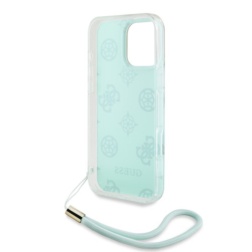 Guess для iPhone 16 Pro Max чехол PC/TPU Peony glitter + Nylon Hand cord Hard Iridescent Turquoise