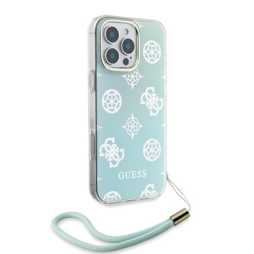 Guess для iPhone 16 Pro Max чехол PC/TPU Peony glitter + Nylon Hand cord Hard Iridescent Turquoise