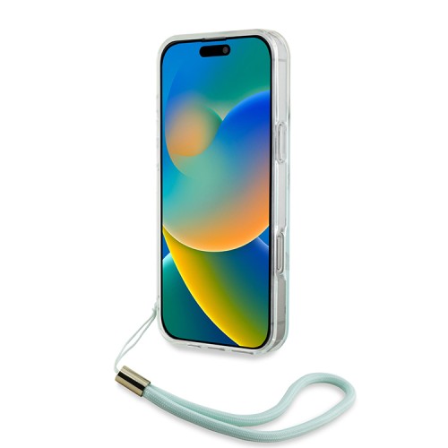 Guess для iPhone 16 Pro Max чехол PC/TPU Peony glitter + Nylon Hand cord Hard Iridescent Turquoise