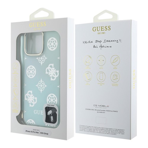 Guess для iPhone 16 Pro Max чехол PC/TPU Peony glitter + Nylon Hand cord Hard Iridescent Turquoise