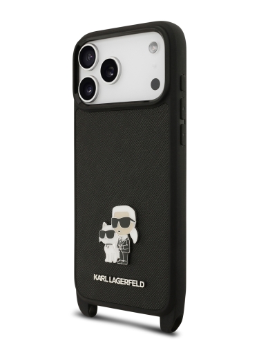 Karl Lagerfeld для iPhone 17 Pro Max чехол Crossbody PU Saffiano NFT Karl&Choupette Metal Hard + Strap Black