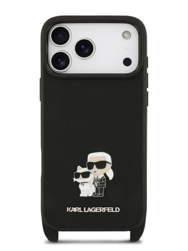 Karl Lagerfeld для iPhone 17 Pro Max чехол Crossbody PU Saffiano NFT Karl&Choupette Metal Hard + Strap Black