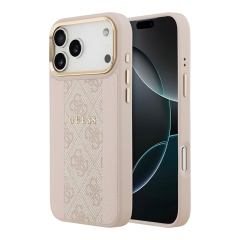 Guess для iPhone 17 Pro Max чехол PU 4G Stripe Classic metal logo Gold camera Hard Pink (MagSafe)