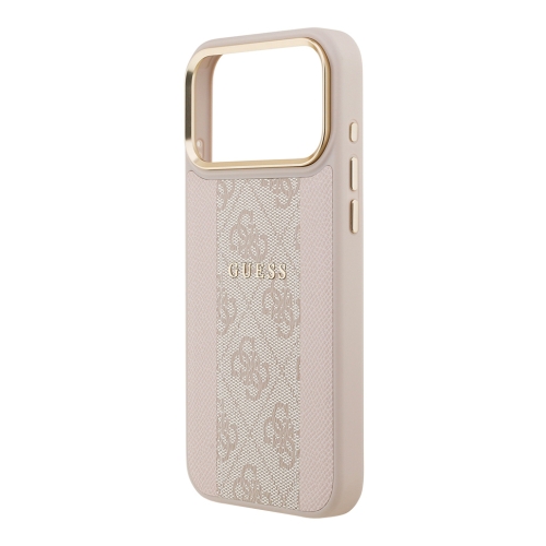 Guess для iPhone 17 Pro Max чехол PU 4G Stripe Classic metal logo Gold camera Hard Pink (MagSafe)
