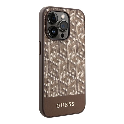 Чехол Guess PU G CUBE Hard для iPhone 14 Pro Max, коричневый (MagSafe)
