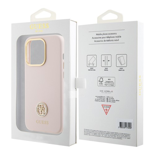 Guess для iPhone 15 Pro Max чехол Liquid silicone with 4G Diamond metal logo Hard Pink