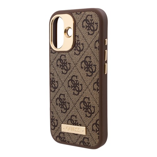 Guess для iPhone 16 чехол PU кожа 4G Plate metal logo Hard Brown (MagSafe)