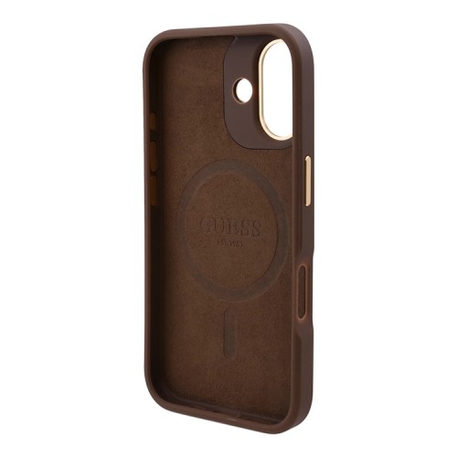 Guess для iPhone 16 чехол PU кожа 4G Plate metal logo Hard Brown (MagSafe)