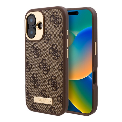 Guess для iPhone 16 чехол PU кожа 4G Plate metal logo Hard Brown (MagSafe)
