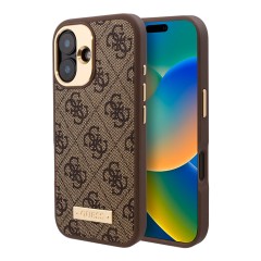 Guess для iPhone 16 чехол PU кожа 4G Plate metal logo Hard Brown (MagSafe)