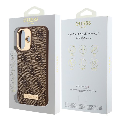 Guess для iPhone 16 чехол PU кожа 4G Plate metal logo Hard Brown (MagSafe)