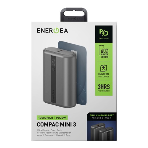 Energea АКБ Compac MINI3, 10000 USB-C PD +USB-A QC3.0/SCP 22.5W Digital display, Gunmetal
