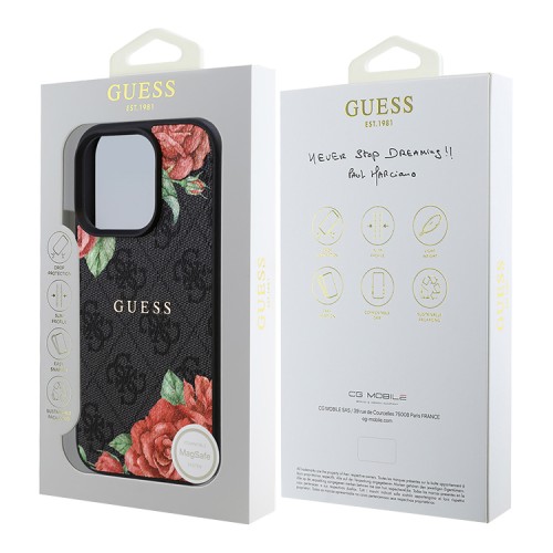Guess для iPhone 16 Pro Max чехол PU Flowers Roses Hard Black (MagSafe)