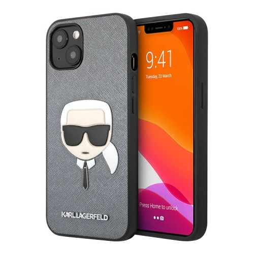 Чехол Lagerfeld PU Saffiano Karl's Head Hard для iPhone 13, серебристый