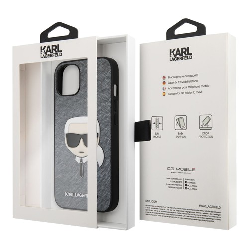 Чехол Lagerfeld PU Saffiano Karl's Head Hard для iPhone 13, серебристый