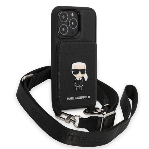 Чехол Lagerfeld Crossbody cardslot PU Saffiano Ikonik metal Hard для iPhone 13 Pro, черный
