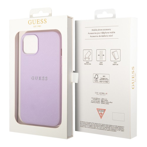 Чехол Guess PU Saffiano with Metal logo Hard для iPhone 14, фиолетовый
