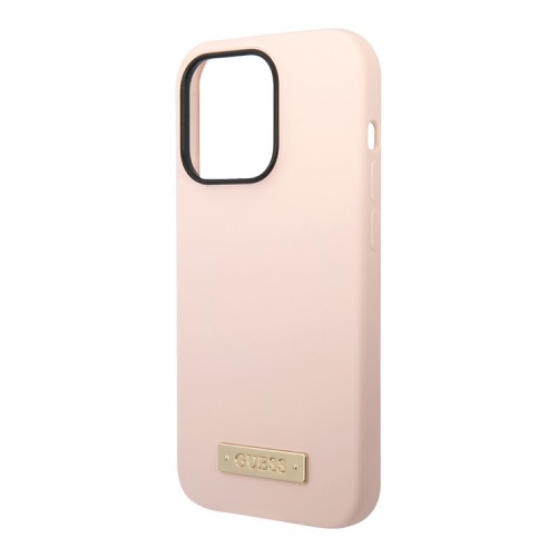 Чехол Guess Liquid Silicone Plate metal logo Hard для iPhone 14 Pro Max, розовый (Magsafe)