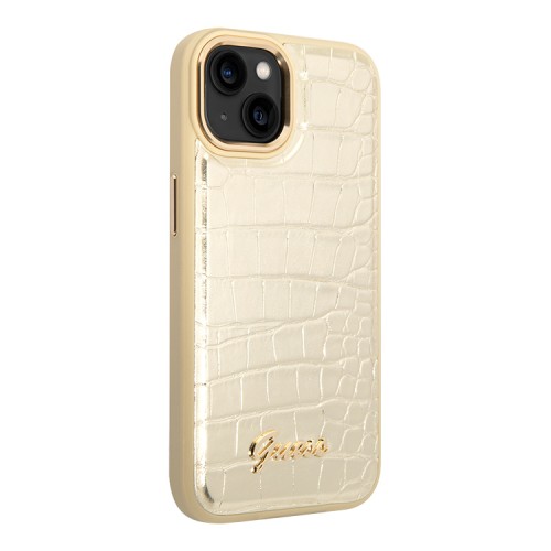 Чехол Guess PU Croco metal logo Hard для iPhone 14 Plus, золотой