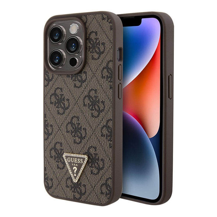 Guess для iPhone 15 Pro чехол PU 4G Triangle Diamond metal logo Hard Brown