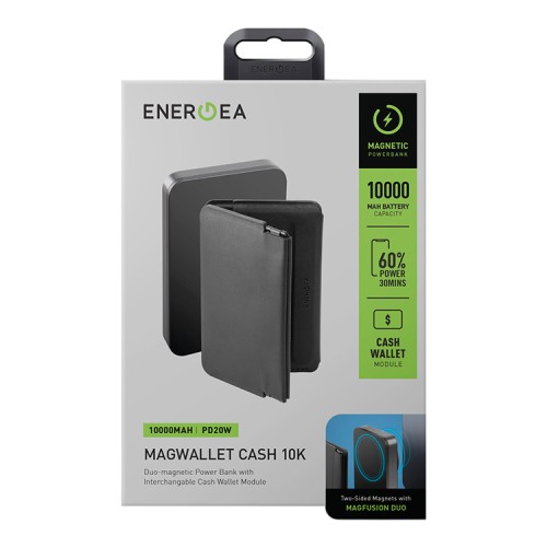 EnergEA АКБ MagWallet CASH, 10000W Magsafe 15W USB-C 20W with Cash and coins slot Gun/Black