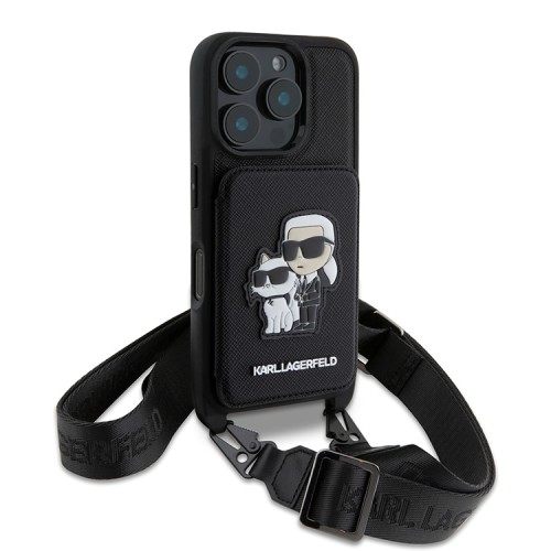 Karl Lagerfeld для iPhone 16 Pro чехол Crossbody cardslot PU Saffiano NFT Karl&Choupette Hard Black