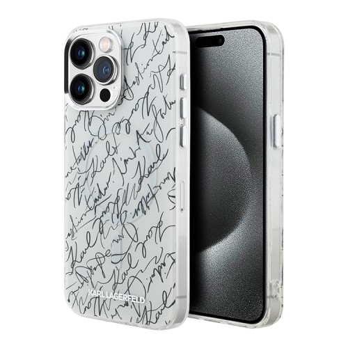 Karl Lagerfeld для iPhone 15 Pro Max чехол PC/TPU Script pattern White (MagSafe)