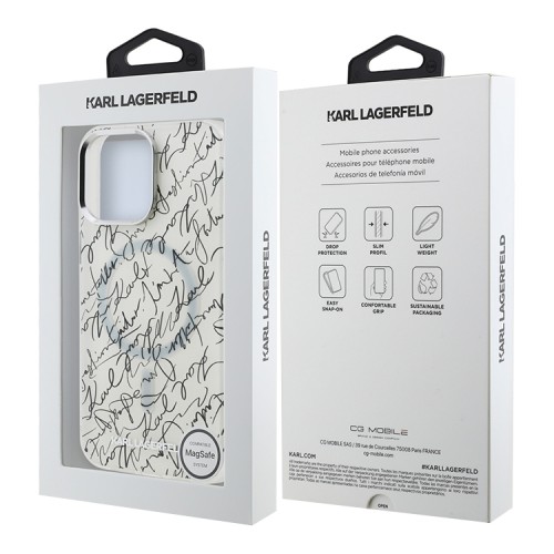 Karl Lagerfeld для iPhone 15 Pro Max чехол PC/TPU Script pattern White (MagSafe)