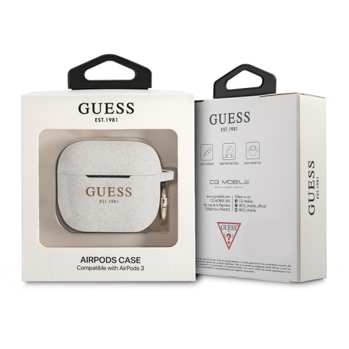 Чехол Guess Silicone Glitter с кольцом для Airpods 3 (2021), белый