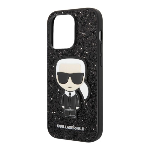 Чехол Lagerfeld Glitter flakes Ikonik patch Metal logo Hard для iPhone 14 Pro, черный