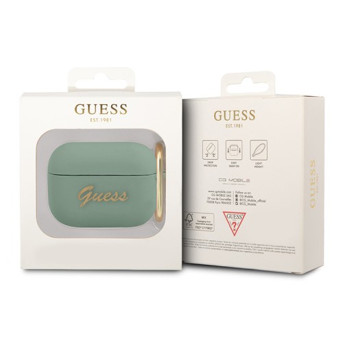 Чехол Guess Silicone Script logo с карабином для Airpods Pro, зеленый