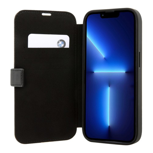 Кожаный чехол BMW Signature Leather Hot stamp lines Booktype для iPhone 14 Pro, черный