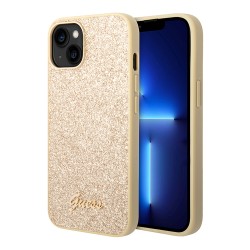 Чехол Guess Glitter flakes Metal logo Hard для iPhone 14, золотой