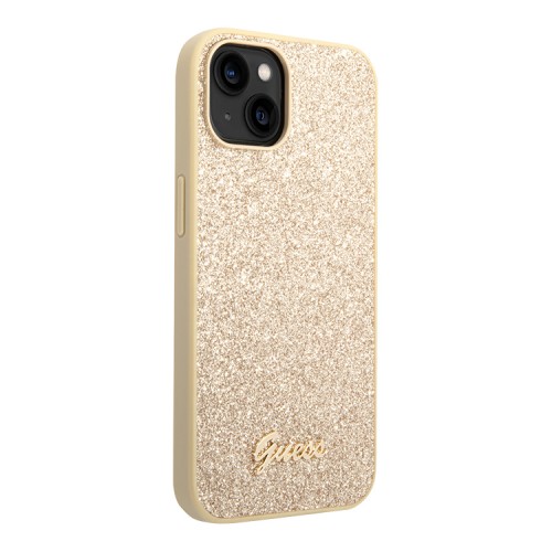 Чехол Guess Glitter flakes Metal logo Hard для iPhone 14, золотой
