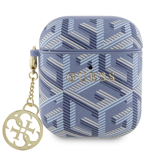 Guess для Airpods 1/2 чехол PU leather G CUBE with metal logo and Charm Blue