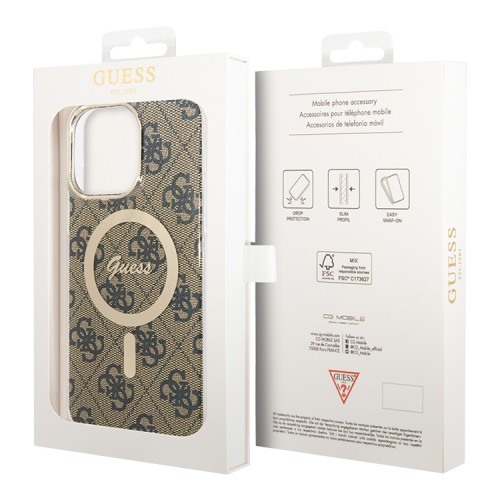 Guess для iPhone 15 Pro Max чехол PC/TPU 4G Hard Brown/Gold (MagSafe)
