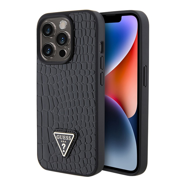 Guess для iPhone 15 Pro чехол PU Croco Triangle metal logo Hard Black