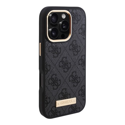 Guess для iPhone 16 Pro Max чехол PU-кожа 4G Plate metal logo Black (MagSafe)